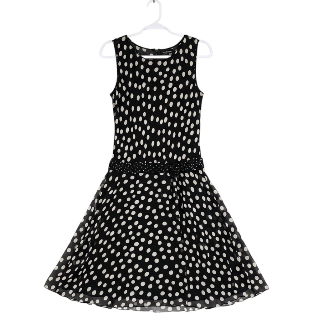 Cynthia Howie Silk Polka Dot Dress Women 10 Black Drop Waist Rosette Retro